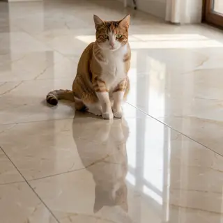 A cat sitting on a polished marble floor with its reflection