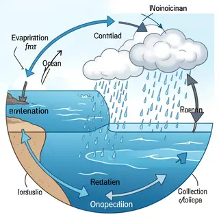 A detailed diagram of the water cycle showing evaporation fr