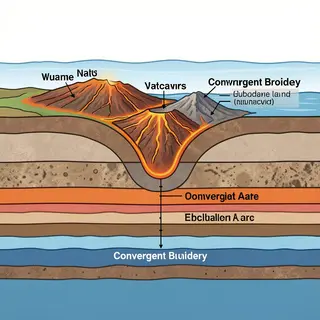 A cross-section showing tectonic plates at a convergent boun