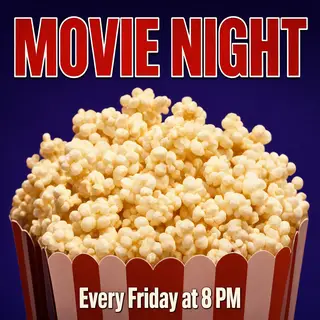 A movie night poster with a large popcorn image in the cente