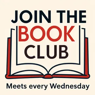 A book club poster with an open book illustration, the title