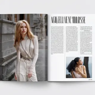 A fashion magazine spread with a full-bleed left-page photo,