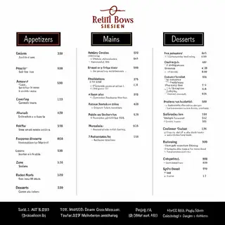 A restaurant menu layout with a logo header, three category 