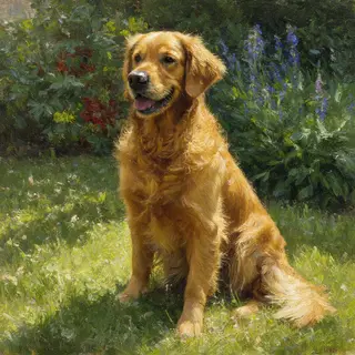 A golden retriever sitting in a garden, painted in the style