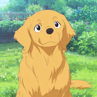 A golden retriever sitting in a garden, rendered in Japanese