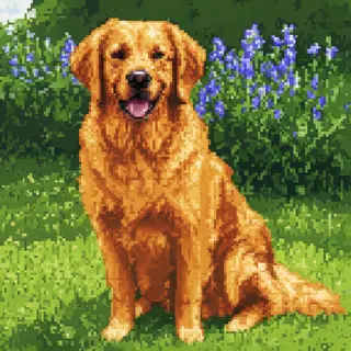 A golden retriever sitting in a garden, rendered in pixel ar