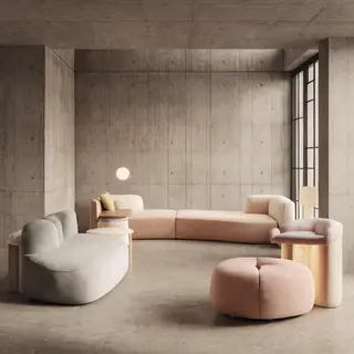 An interior scene rendered in soft brutalism — raw concrete 