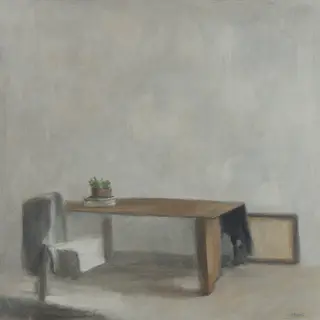 A still life painted in anxious minimalism — sparse composit