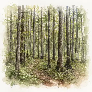 A forest rendered in photorealistic watercolor — the detail 