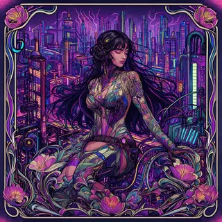 A woman in a futuristic city rendered in cyberpunk Art Nouve