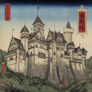 A medieval castle depicted in Japanese ukiyo-e woodblock pri