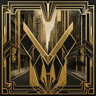 A city street scene in the style of Art Deco — geometric sha