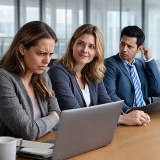 Three coworkers in a meeting: one looking frustrated with fu