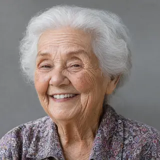 An elderly woman in her 80s with deep wrinkles and white hai