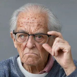 An elderly man in his 70s with age spots and thinning gray h