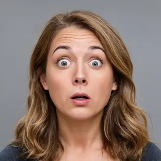 A portrait capturing genuine surprise — raised eyebrows, wid