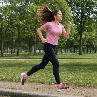 A woman mid-stride running through a park, hair and clothes 