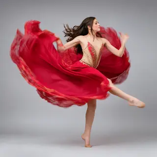 A dancer in a dynamic spin, dress flowing outward with one l