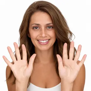 A woman holding her hands out in front of her palms-up, all 
