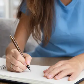 A woman writing in a notebook with a pen gripped correctly i
