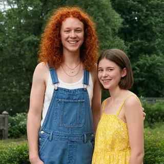 Two friends posing: one tall with curly red hair in denim ov