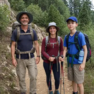 Three hikers on a trail: a man with a backpack and sunhat, a