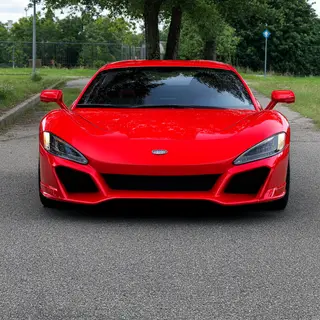A bright red sports car parked on a gray asphalt road — the 