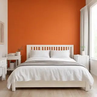 A bedroom wall painted in #FF6B35 (burnt orange) with white 