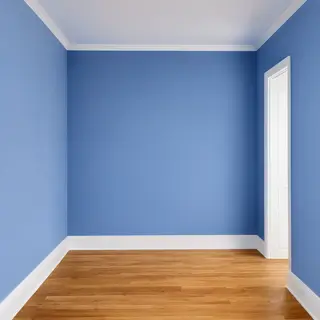 A room with walls in #4A90D9 (medium blue) with warm wooden 