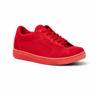 A single red sneaker on a clean white background with soft s