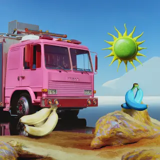 A pink fire truck, a blue banana, and a green sun in a surre