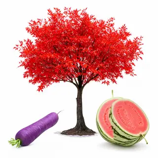A purple carrot, a red tree with red leaves, and a white wat