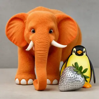 An orange elephant, a yellow penguin, and a silver strawberr