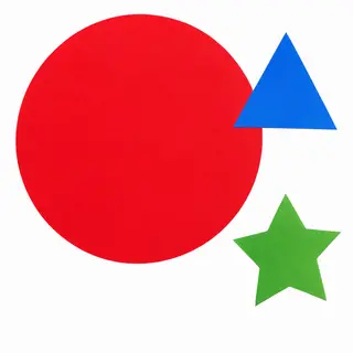 A large red circle, a small blue triangle, and a medium gree