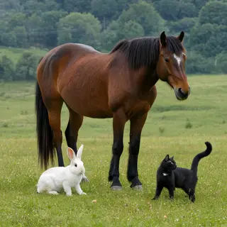 A big brown horse, a small white rabbit, and a medium-sized 