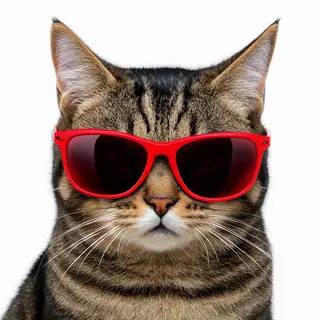 A tabby cat wearing oversized red sunglasses