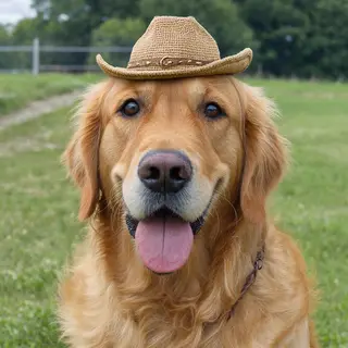 A golden retriever wearing a tiny cowboy hat