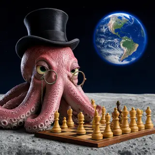 An octopus wearing a top hat and monocle playing chess on th