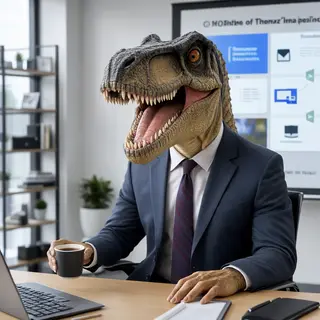A dinosaur in a business suit giving a PowerPoint presentati