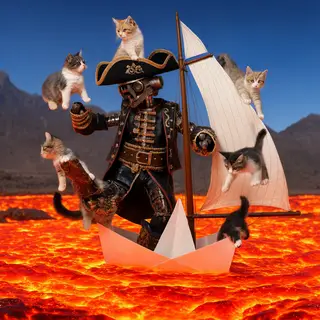 A robot dressed as a pirate sailing a paper boat on a lake o