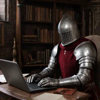 A medieval knight in full armor sitting at a desk typing on 
