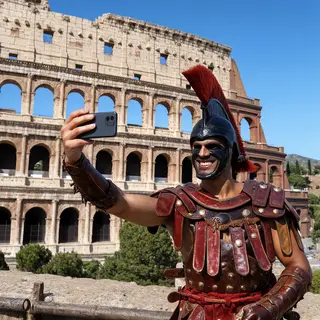 A Roman gladiator taking a selfie with a smartphone in the C