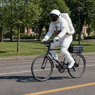 An astronaut in a spacesuit riding a bicycle through a park