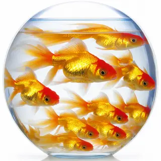 Exactly 9 goldfish swimming in a large round fishbowl