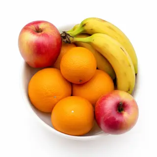 A fruit bowl containing exactly 3 bananas, 4 oranges, and 2 