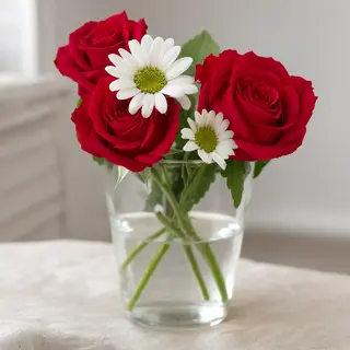 4 red roses and 2 white daisies in a glass vase on a table