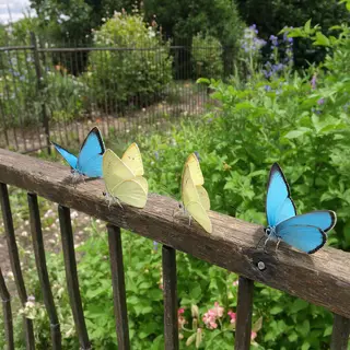 1 blue butterfly and 3 yellow butterflies resting on a garde
