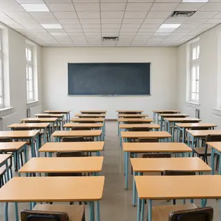 A classroom with desks and a chalkboard but no students