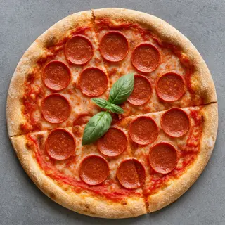 A pepperoni pizza with tomato sauce, basil, and crust but ab