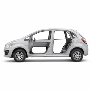 A car body with windows, doors, and headlights but no wheels